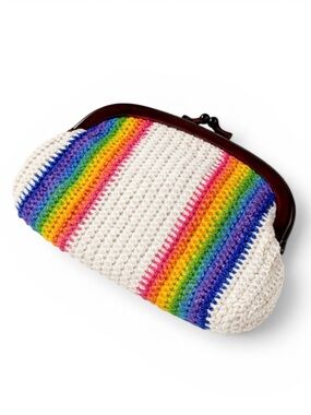 Vintage Rainbow Woven Clutch Purse 60s Retro Bag Tortoise Shell Frame